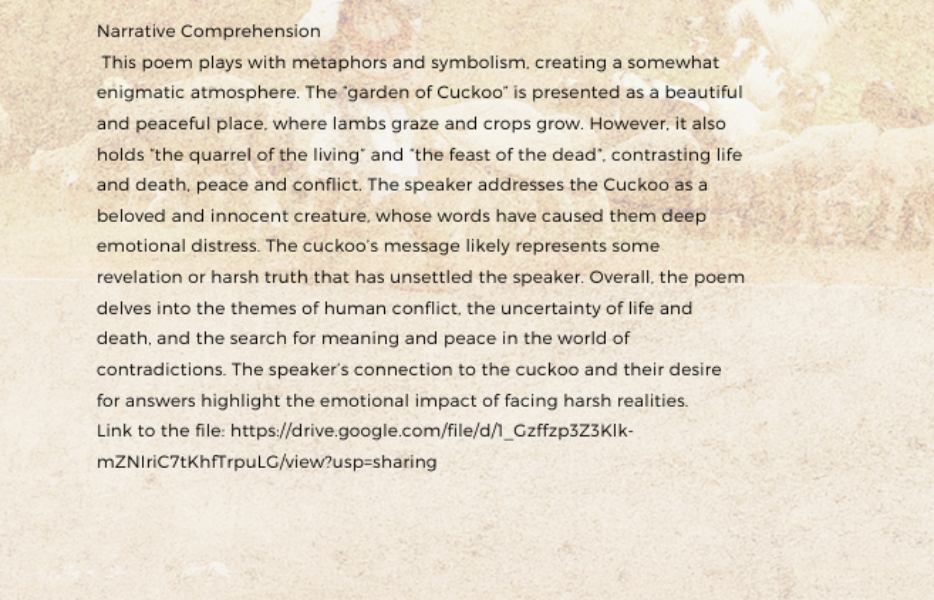 Comprehension of the Poem Comprehension of the Poem
