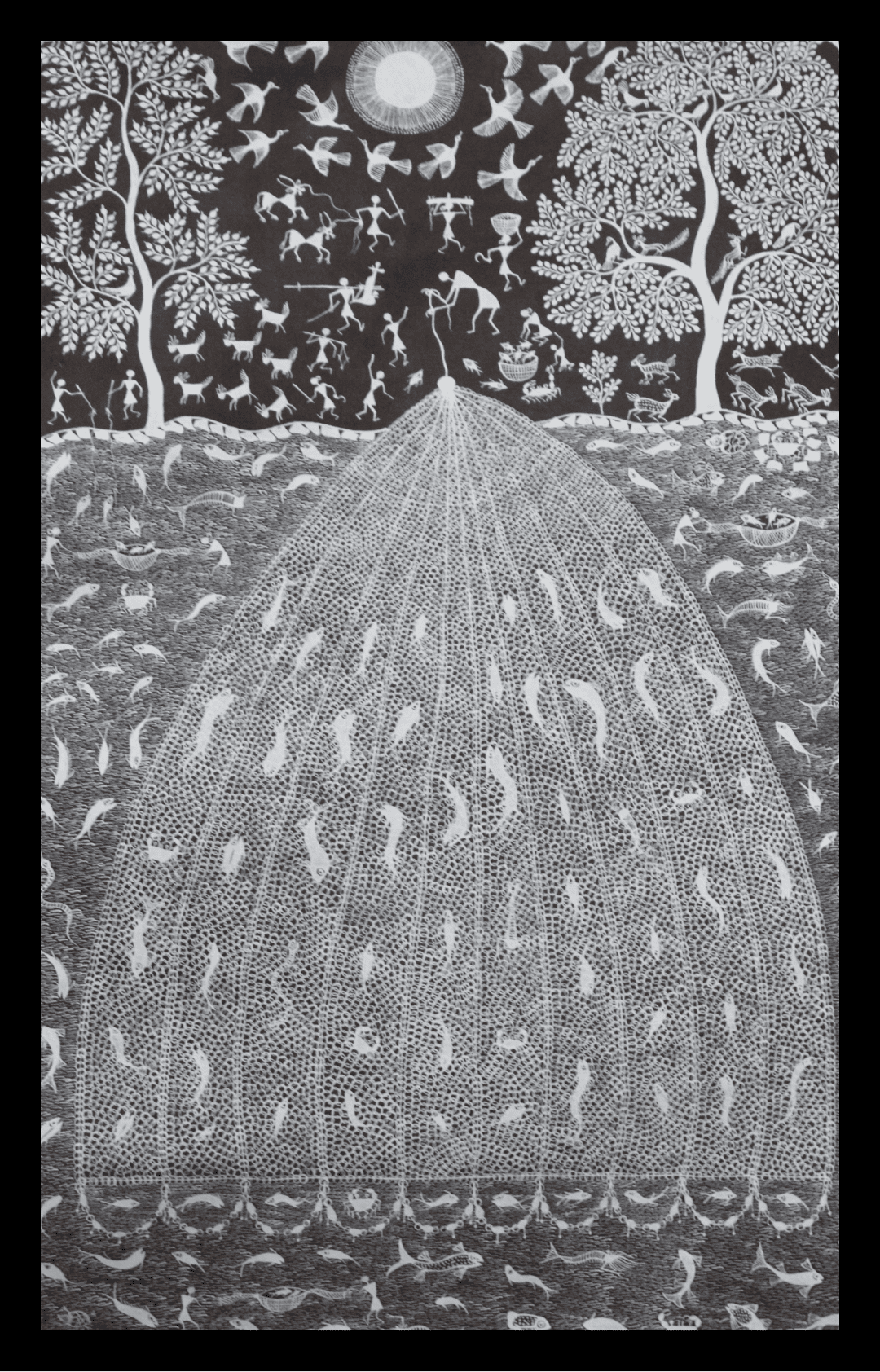 Warli Painting showing fishing activity by Tribe Warli Painting showing fishing activity by Tribe