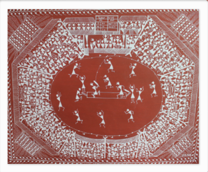 Warli Painting showing cricket field Warli Painting showing cricket field