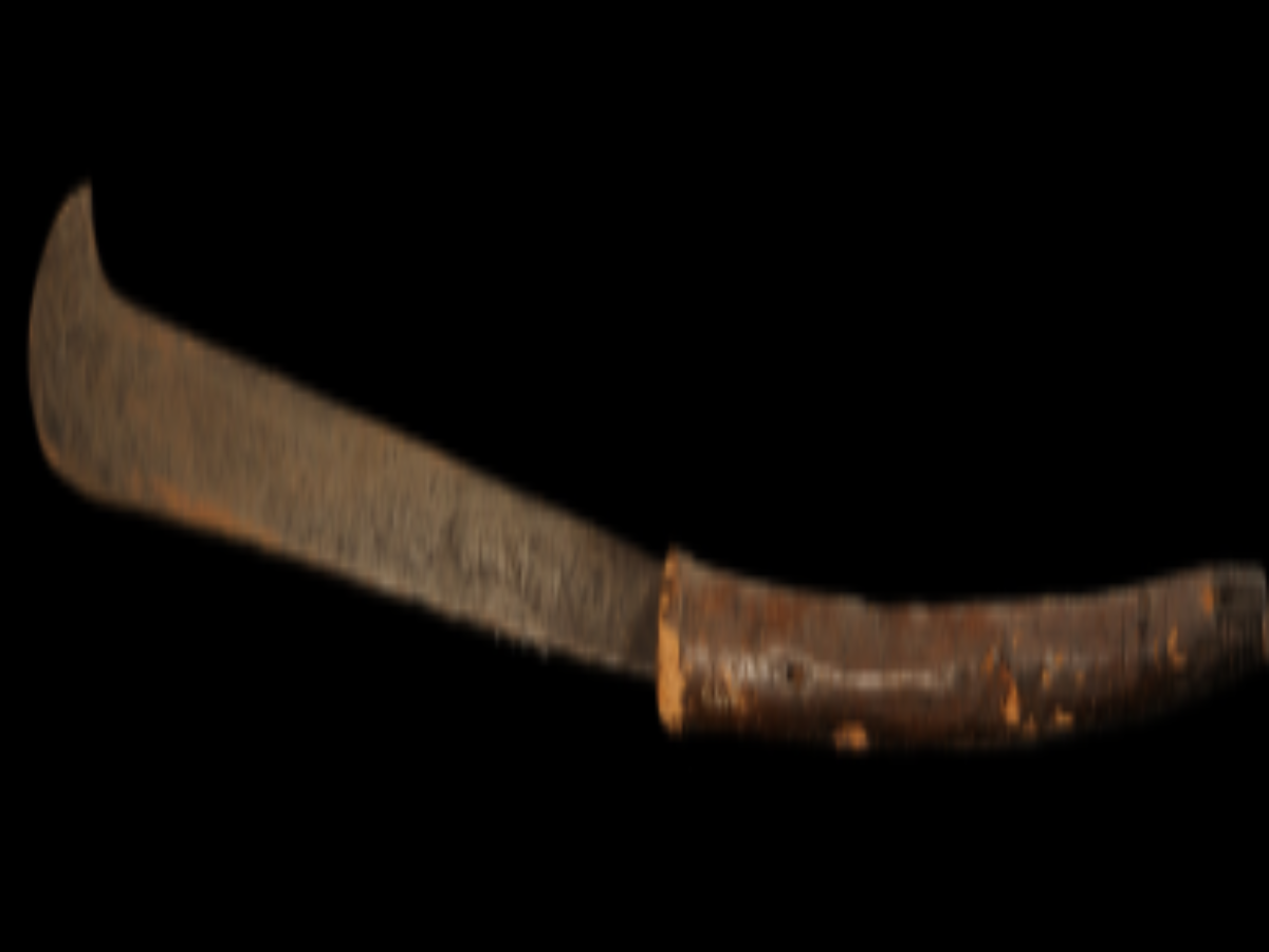 Bird-beak shaped iron dao with a narrow wooden handle Bird-beak shaped iron dao with a narrow wooden handle