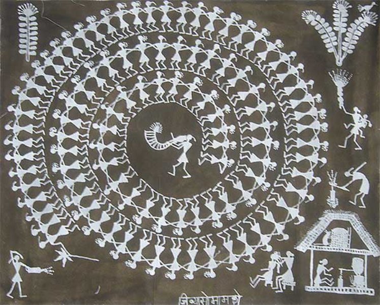 Warli Painting showing tarpa Dance