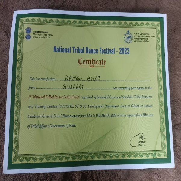 National Tribal Dance Festival certificate of Rangubhai Rathwa National Tribal Dance Festival certificate of Rangubhai Rathwa