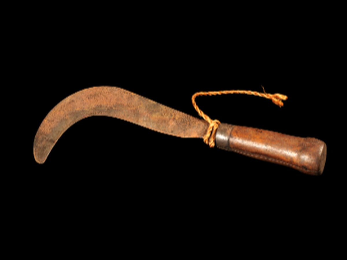 A crescent-shaped iron blade with a wooden handleS A crescent-shaped iron blade with a wooden handleS